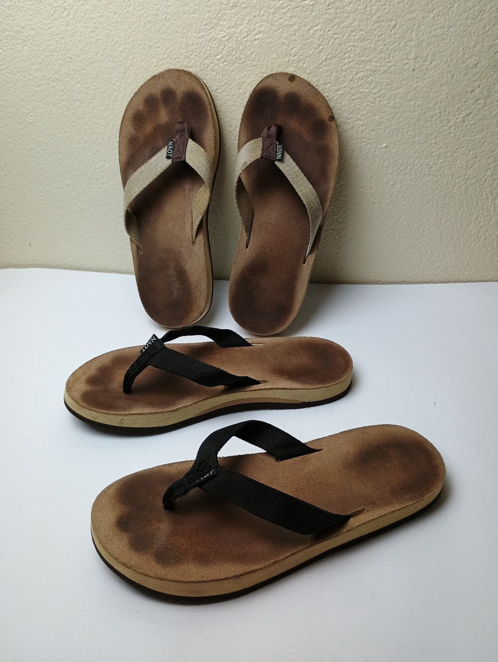 Naot Island Size 8 Brown Footbed Sandals with Black and Tan Straps 2 Pair